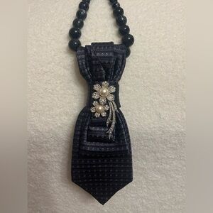 Upcycled Silk Tie Necklace with Embelishment